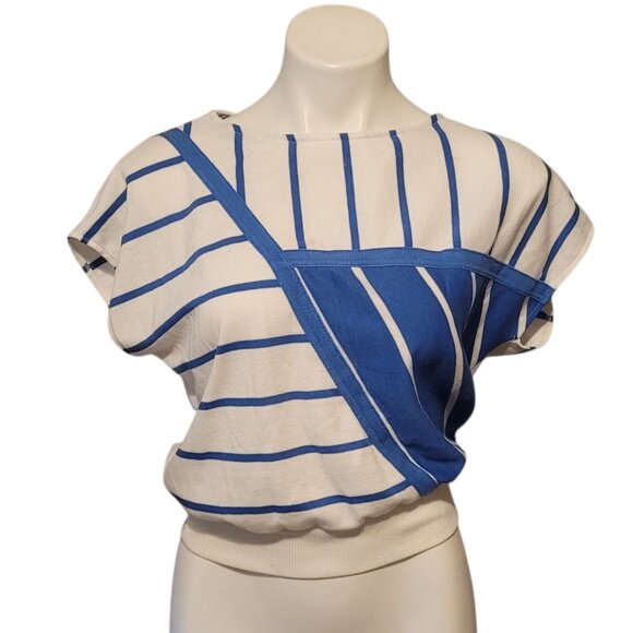 Vintage Asymmetrical Shirt Blue White Striped Small / Medium Small Stain 80s - Picture 1 of 6